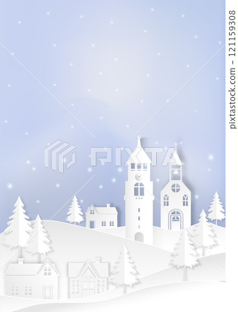 Winter holiday snow falling in the village on hill background. Christmas season paper cut style illustration. Winter holiday snow falling in the village on hill background. Christmas season paper cut style illustration. 121159308