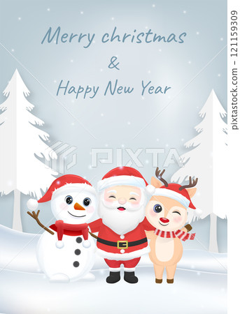 Cute santa claus, snowman and deer in winter, Christmas season illustration. Cute santa claus, snowman and deer in winter, Christmas season illustration. 121159309