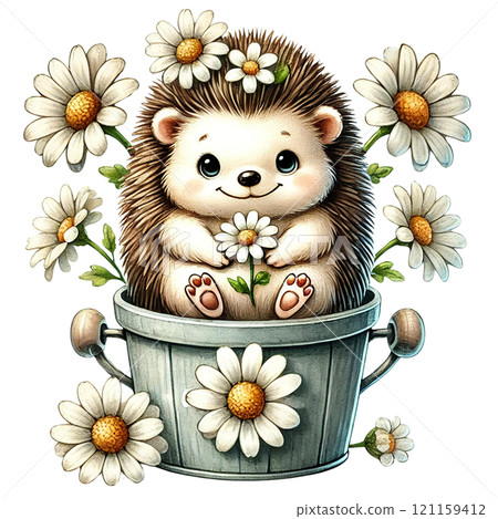 A cute hedgehog surrounded by daisies in a flower pot. Valentine Hedgehog cartoon. 121159412