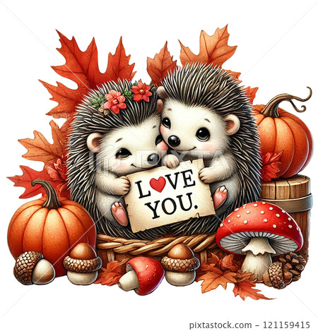Adorable hedgehogs expressing love amidst autumn elements. Valentine Hedgehog cartoon. 121159415