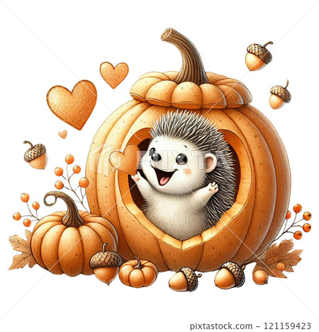 Cute hedgehog celebrating in a pumpkin for autumn festivities. Valentine Hedgehog cartoon. Cute hedgehog celebrating in a pumpkin for autumn festivities. Valentine Hedgehog cartoon. 121159423