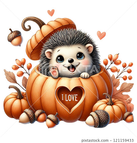 Cute hedgehog in pumpkin surrounded by autumn leaves and acorns. Valentine Hedgehog cartoon. 121159433