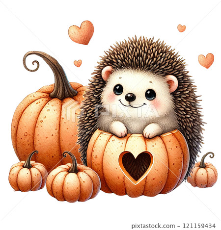 Cute hedgehog nestled in pumpkins, perfect for autumn themes. Valentine Hedgehog cartoon. 121159434