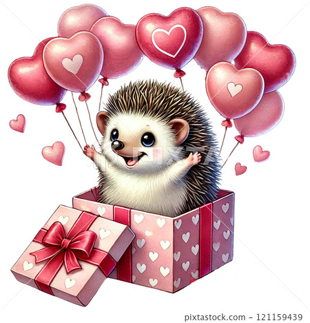 Cute hedgehog with heart balloons celebrating love and joy. Valentine Hedgehog cartoon. 121159439