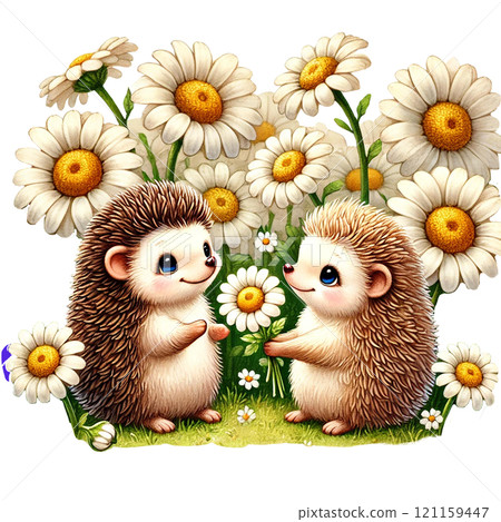 Two adorable hedgehogs sharing a daisy in a flower field. Valentine Hedgehog cartoon. 121159447