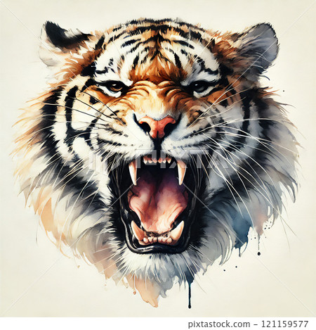 A powerful tiger roar painted in watercolor 121159577