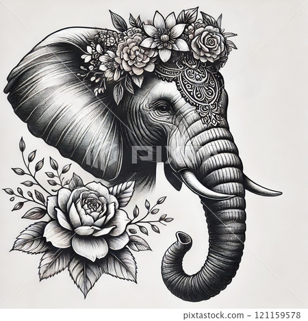 Beautiful monochrome elephant art with floral ornaments and decorations 121159578