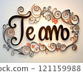 Romantic "Te Amo" artistic font design with swirls, curls and hearts, perfect for love-themed projects and decorations. 121159988