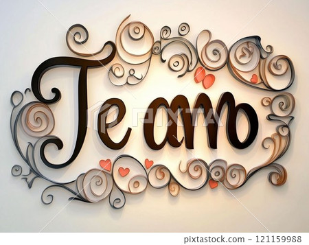 浪漫的「Te Amo」藝術字體設計，帶有漩渦、捲和紅心，非常適合愛情主題的項目和裝飾。 121159988