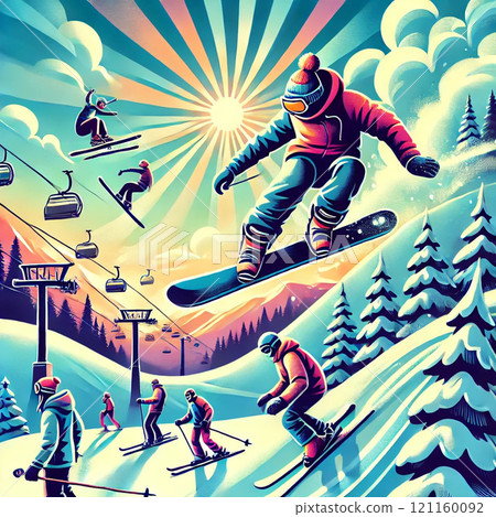 Family skiing and snowboarding on the slopes Family skiing and snowboarding on the slopes 121160092