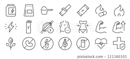 Sport dietary supplements icon set. It included contexts such as dietary supplement, whey, protein, energy and more. Editable Vector Stroke. Sport dietary supplements icon set. It included contexts such as dietary supplement, whey, protein, energy and more. Editable Vector Stroke. 121160101
