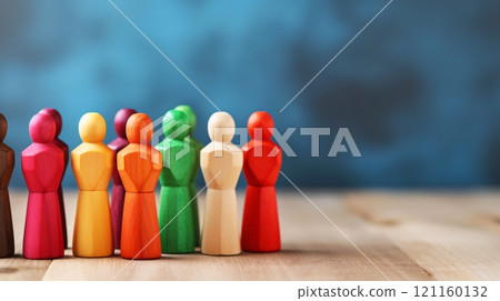 A table with wooden dolls symbolizing diversity 121160132