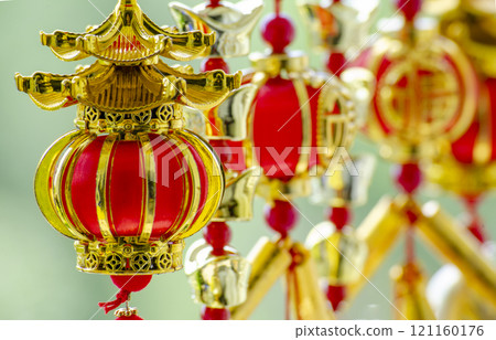Chinese New Year lanterns and decoration with Chinese word meaning Good Fortune and Blessing. Chinese New Year celebration concept 121160176