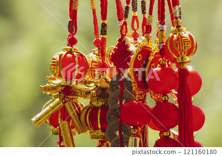 Chinese New Year lanterns and decoration with Chinese word meaning Good Fortune and Blessing. Chinese New Year concept 121160180