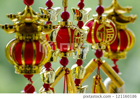Chinese New Year lanterns and decoration with Chinese word meaning Good Fortune and Blessing. Chinese New Year celebration concept. 121160186