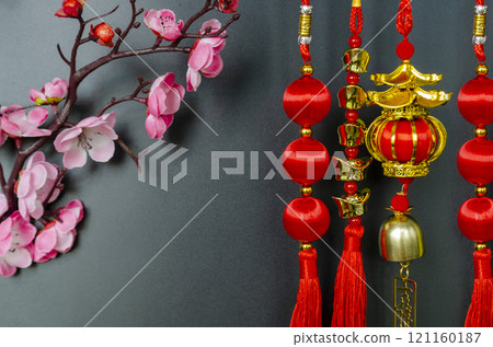 Chinese New Year decoration with Chinese Character on hanging lantern meaning safe journey and blessing with customizable space for text Chinese New Year decoration with Chinese Character on hanging lantern meaning safe journey and blessing with customizable space for text 121160187