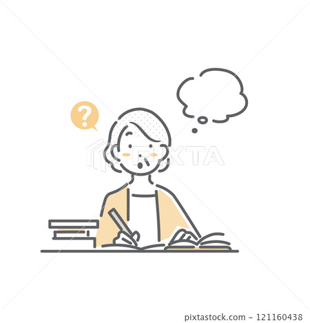 A senior woman who encounters a question while studying. Simple and stylish line drawing illustration A senior woman who encounters a question while studying. Simple and stylish line drawing illustration 121160438