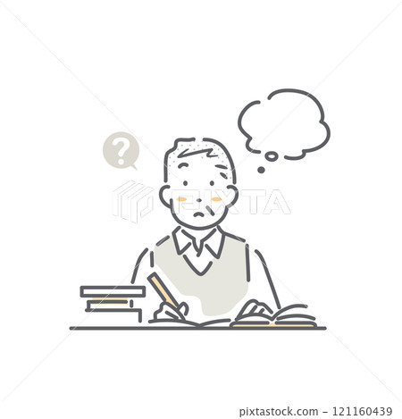 A senior man who encounters a question while studying. Simple and stylish line drawing illustration 121160439