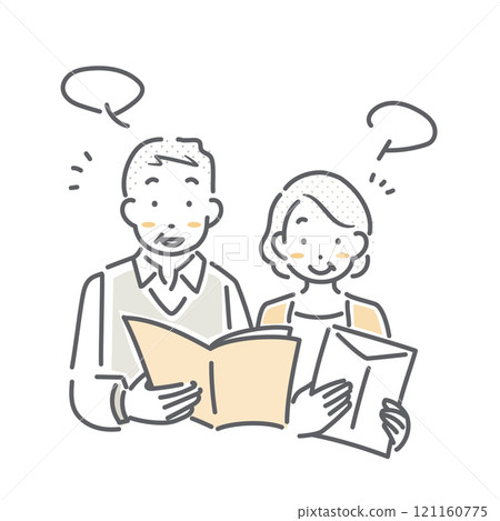 一幅簡單而時尚的線條畫插圖，描繪了一對年長夫婦一邊看著發送給他們的小冊子一邊交談的插圖。 121160775