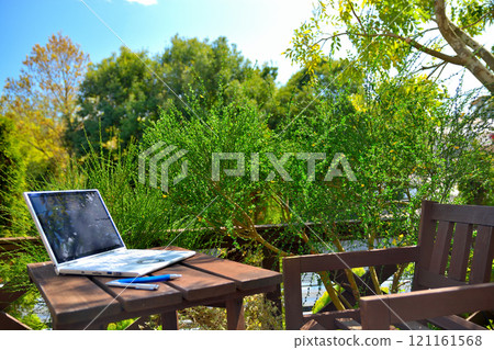 Images of working from home under a blue sky, working or camping on the wooden deck in your backyard (12) 121161568
