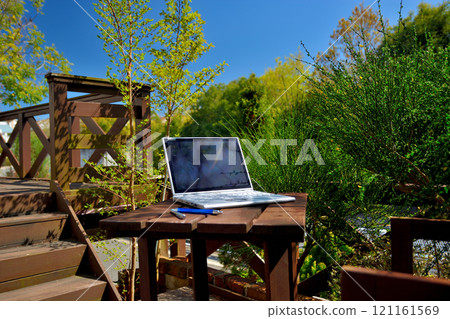 Images of working from home under a blue sky, working or camping on the wooden deck in your backyard (13) 121161569