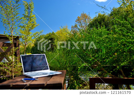 Images of working from home under a blue sky, working or camping on the wooden deck in your backyard (14) 121161570