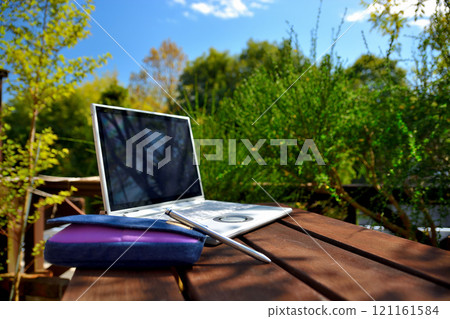 Images of working from home under a blue sky, working or camping on the wooden deck in your backyard (28) Images of working from home under a blue sky, working or camping on the wooden deck in your backyard (28) 121161584