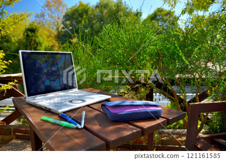Images of working from home under a blue sky, working or camping on the wooden deck in your backyard (29) 121161585
