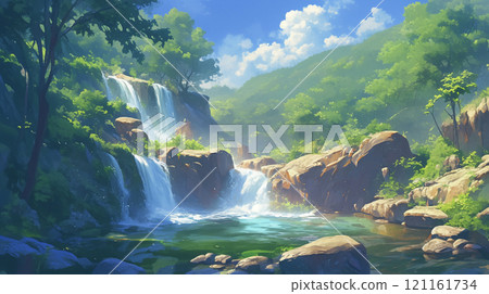 Mysterious waterfall in the mountains AI image 121161734