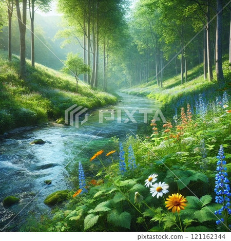 清晨的陽光照耀著小溪,花朵盛開 清晨的陽光照耀著小溪,花朵盛開 121162344