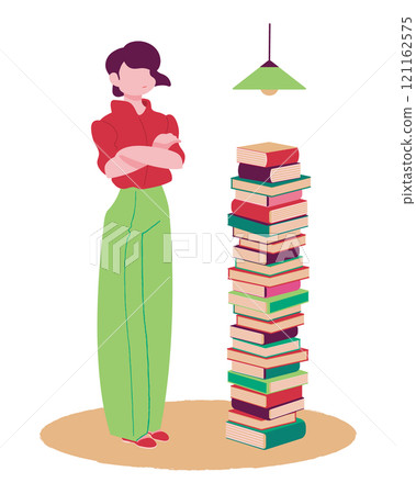 A woman with a pile of books and her arms folded 121162575