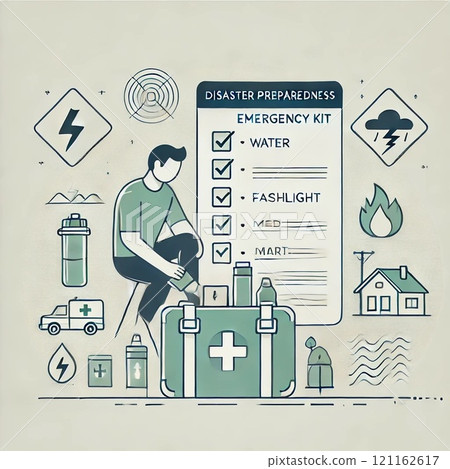 Illustration of disaster prevention goods for natural disasters 121162617