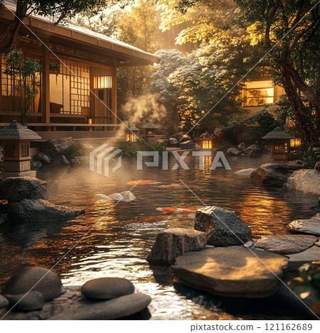 黃昏時分，在鯉魚遊動的花園裡享受輕鬆的沐浴 121162689