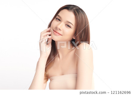 Beautiful young asian woman with clean fresh skin on white background, Face care, Facial treatment, Cosmetology, beauty and spa, Asian women portrait. Beautiful young asian woman with clean fresh skin on white background, Face care, Facial treatment, Cosmetology, beauty and spa, Asian women portrait. 121162696