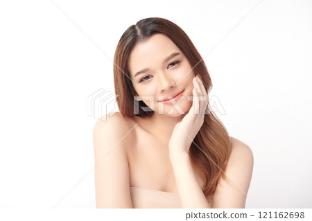 Beautiful young asian woman with clean fresh skin on white background, Face care, Facial treatment, Cosmetology, beauty and spa, Asian women portrait. Beautiful young asian woman with clean fresh skin on white background, Face care, Facial treatment, Cosmetology, beauty and spa, Asian women portrait. 121162698