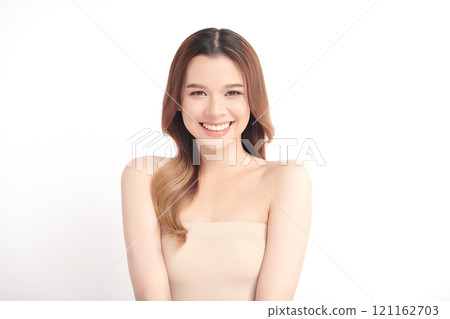 Beautiful young asian woman with clean fresh skin on white background, Face care, Facial treatment, Cosmetology, beauty and spa, Asian women portrait. Beautiful young asian woman with clean fresh skin on white background, Face care, Facial treatment, Cosmetology, beauty and spa, Asian women portrait. 121162703