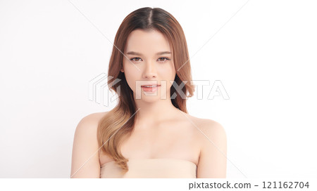 Beautiful young asian woman with clean fresh skin on white background, Face care, Facial treatment, Cosmetology, beauty and spa, Asian women portrait. Beautiful young asian woman with clean fresh skin on white background, Face care, Facial treatment, Cosmetology, beauty and spa, Asian women portrait. 121162704