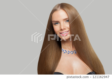 Perfect jewelry woman with long healthy hair wearing glamour jewellery necklace.  121162947