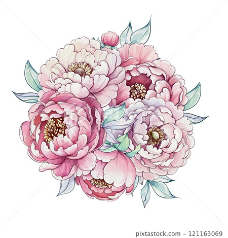 A bouquet of peonies in various stages of bloom showcases their intricate petals and vibrant colors, radiating springtime charm and elegance 121163069