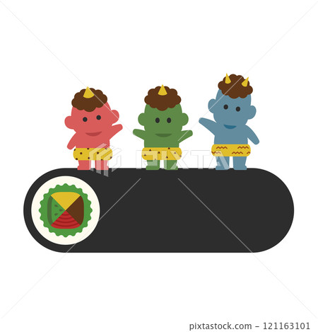 Cute demon characters for Setsubun | Red demon, blue demon, green demon and ehomaki illustration vector material 121163101