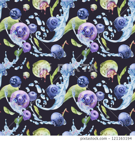 Blueberry blackberry flying in water splashes with drops, ripe purple forest berry and leaves hand drawn in watercolor. Seamless pattern illustration isolated on dark. Dessert menu, farmers market 121163194