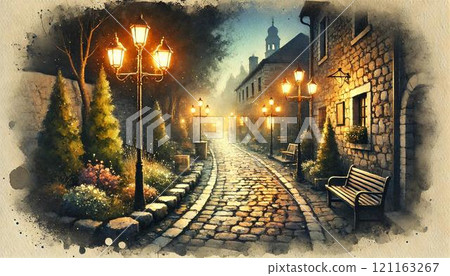 A historic streetscape with street lights and quiet cobblestone streets at dusk 121163267