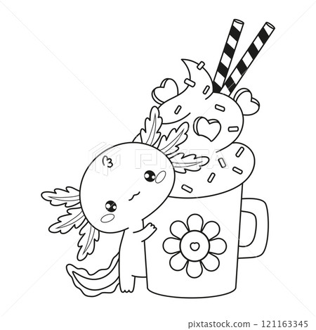 Outline Axolotl Hugging Mug Sweet Dessert with whipped cream. Funny little cartoon kawaii character. Line drawing, coloring book. Vector illustration. Kids collection. 121163345