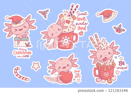 Cute holiday Axolotl stickers. Christmas funny character in Santa hat in gift box, festive with cup Hot Cocoa with Marshmallows. Animal valentine with heart with slogan. Isolated Vector illustration. 121163346