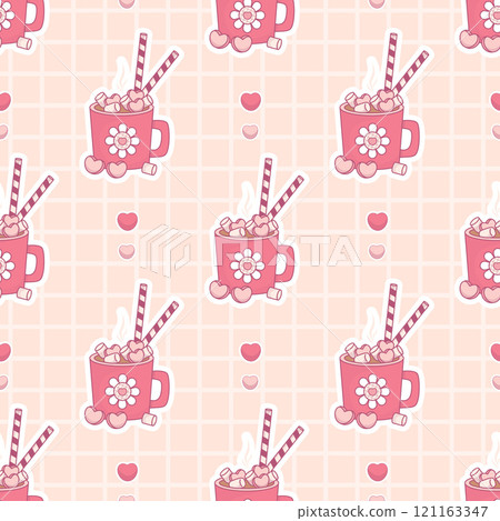 Seamless pattern with Festive cup with Hot Cocoa with Marshmallows on checkered light background with hearts. Vector illustration. Holiday sweet drink ornament. 121163347
