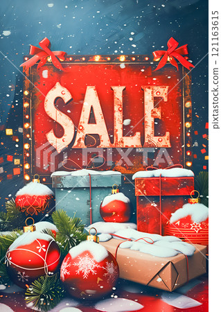 Text Sale written in red with Christmas ornaments 121163615