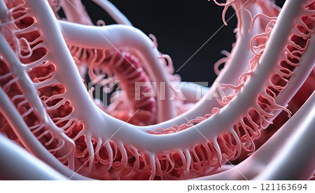 3D renderings of microscopic biological structures view of virus like cells or bacteria with elongated branches resembling neurons or molecular connections. The spherical structures orange red blue pu 121163694