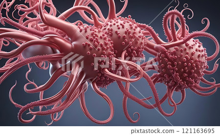 3D renderings of microscopic biological structures view of virus like cells or bacteria with elongated branches resembling neurons or molecular connections. The spherical structures orange red blue pu 121163695