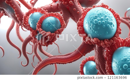 3D renderings of microscopic biological structures view of virus like cells or bacteria with elongated branches resembling neurons or molecular connections. The spherical structures orange red blue pu 121163696
