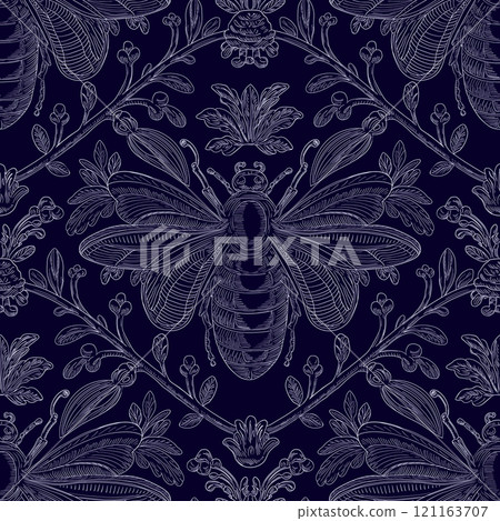 Bee and Floral Seamless Pattern: Elegant Vector Illustration for Fabrics, Wallpapers, and Packaging Design 121163707
